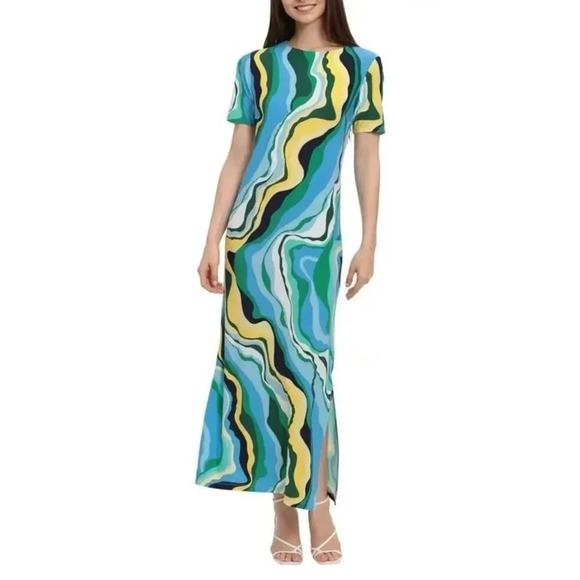 Donna Morgan Blue Riviera Swirl Maxi Dress 2 - Picture 1 of 4